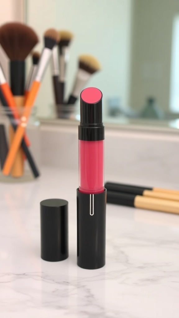 Romand Juicy Lasting Tint 3 tube on a marble countertop with makeup brushes.